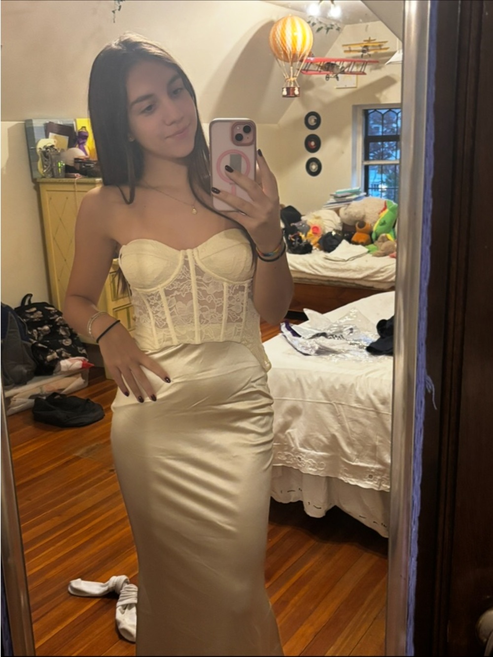 Windsor Ivory Strapless Lace Bustier Satin Gown